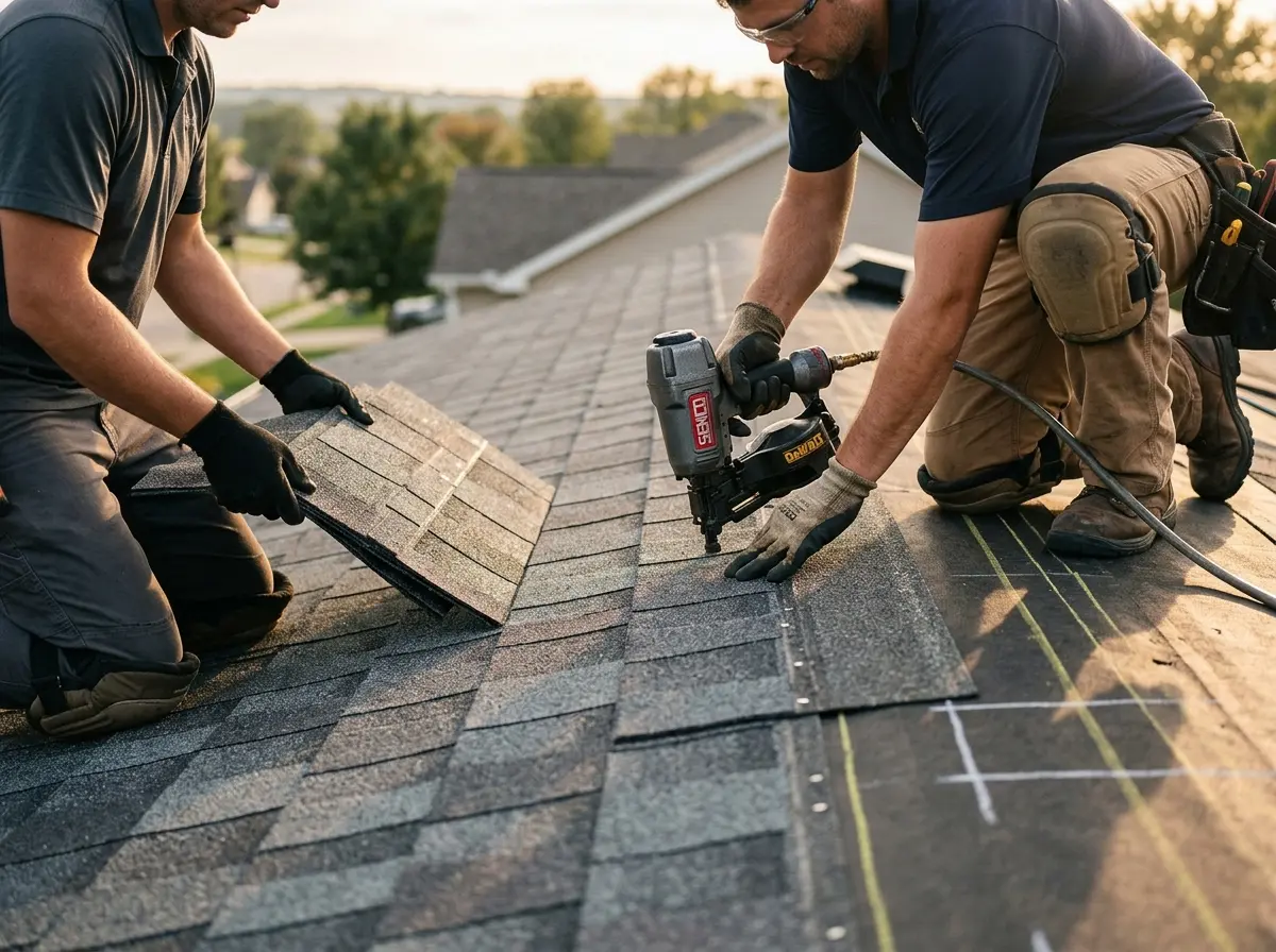 Professional roofer working on a residential roof in Sugarland Run